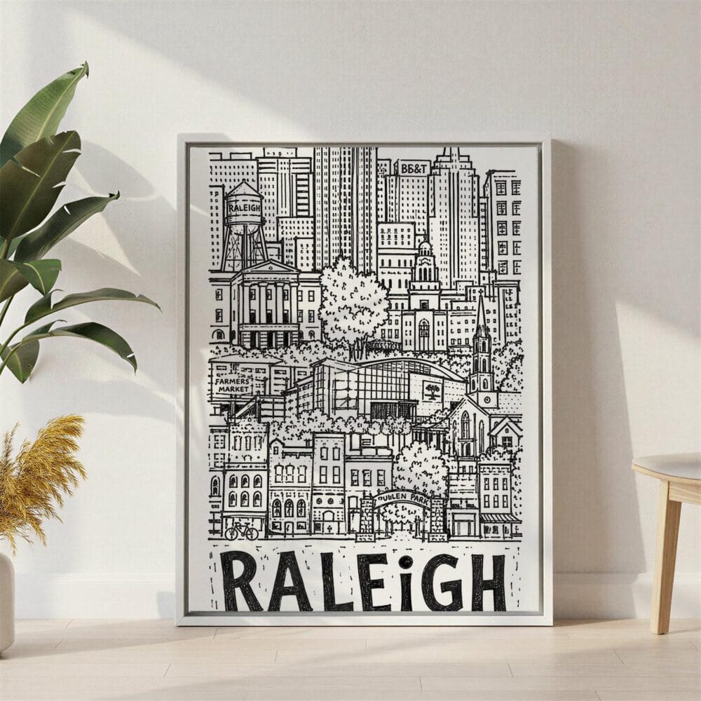 06 - Raleigh City Art - Pencil Style Canvas Print with White Floater Frame - Standing on Floor - Vertical.jpg 06 - Raleigh City Art - Pencil Style Canvas Print with White Floater Frame - Standing on Floor - Vertical.jpg