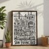 06 - San Francisco City Art - Pencil Style Canvas Print with Brown Floater Frame - Standing on Floor - Vertical.jpg