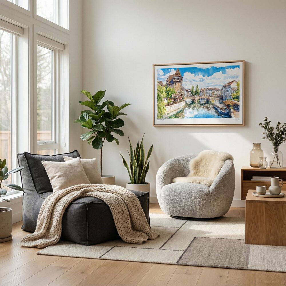 06 - Scandianvian Living Room with Strasbourg Watercolor - Horizontal Canvas Print in Natural Floater Frame.jpg 06 - Scandianvian Living Room with Strasbourg Watercolor - Horizontal Canvas Print in Natural Floater Frame.jpg