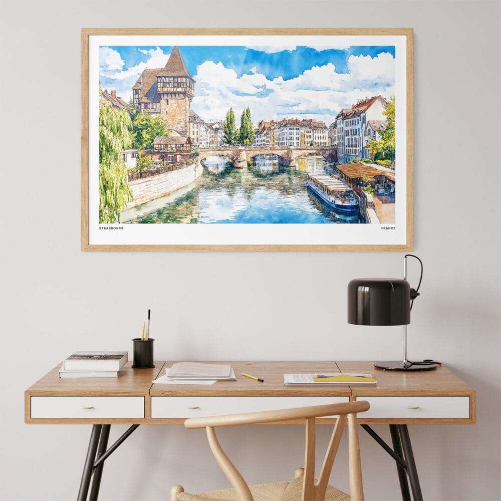06 - Strasbourg Watercolor - Horizontal Art Print in Natural Wood Frame above work desk.jpg 06 - Strasbourg Watercolor - Horizontal Art Print in Natural Wood Frame above work desk.jpg