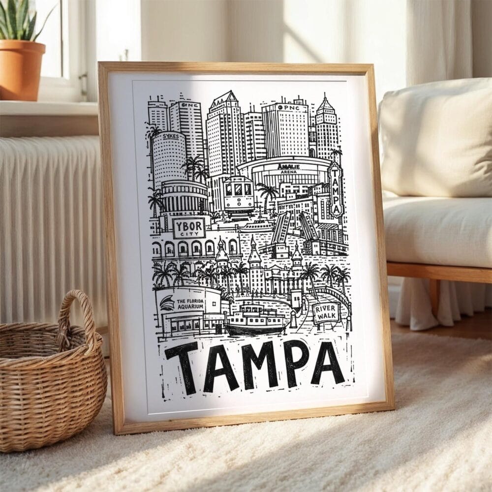 06 - Tampa City Art - Pencil Style Art Print with Natural Wood Frame on floor - Vertical.jpg 06 - Tampa City Art - Pencil Style Art Print with Natural Wood Frame on floor - Vertical.jpg