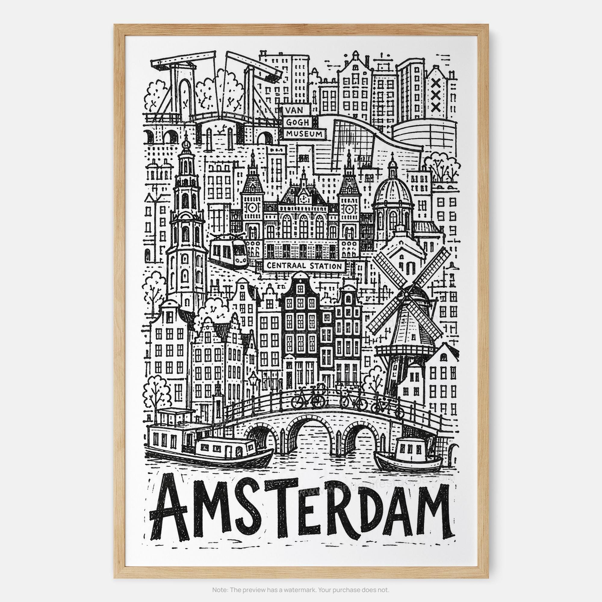 Amsterdam Pencil-Style Art Print | Canal Bridge, Bicycles and Houseboats | Netherlands Wall Decor