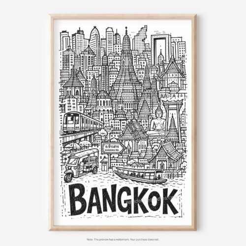 01 - Bangkok City Art - Pencil Style Art - Digital Download - Main.jpg