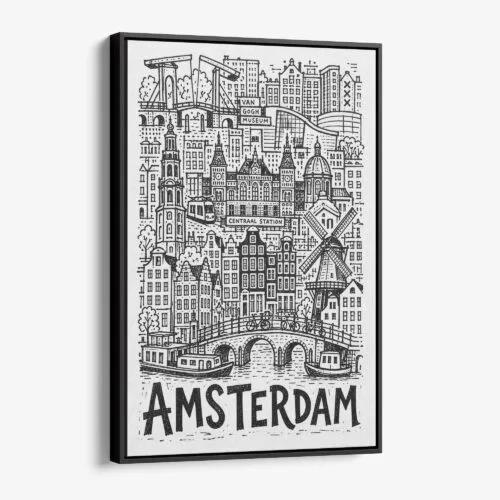 Home 8 01 - Black Framed Amsterdam City Art - Pencil Style Canvas Print - Vertical - Main - Side view.jpg
