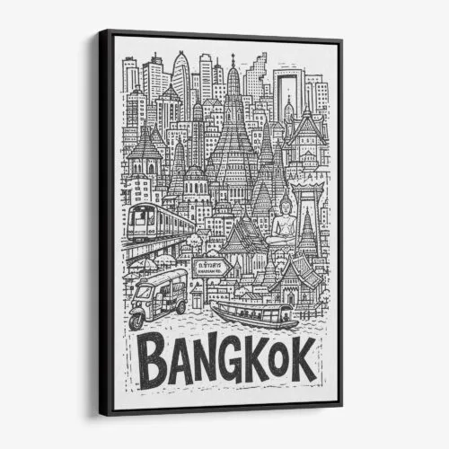 Home 9 01 - Black Framed Bangkok City Art - Pencil Style Canvas Print - Vertical - Main - Side view.jpg