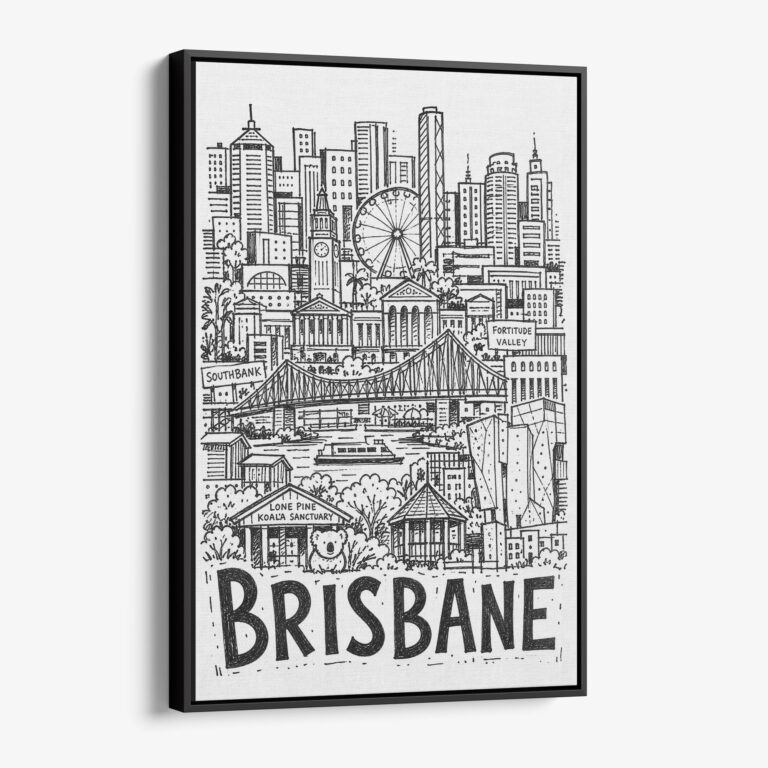 01 - Black Framed Brisbane City Art - Pencil Style2 Canvas Print - Vertical - Main - Side view.jpg