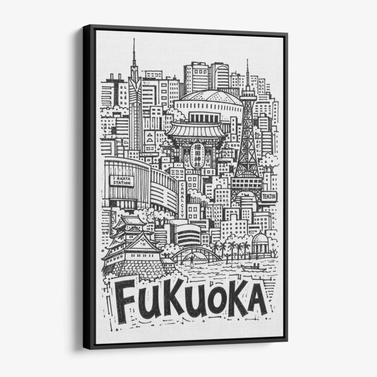 01 - Black Framed Fukuoka City Art - Pencil Style Canvas Print - Vertical - Main - Side view.jpg