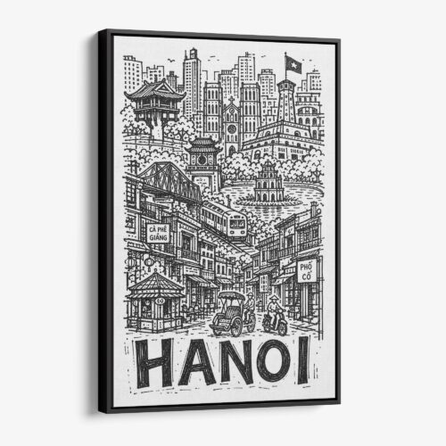 01 - Black Framed Hanoi City Art - Pencil Style Canvas Print - Vertical - Main - Side view.jpg