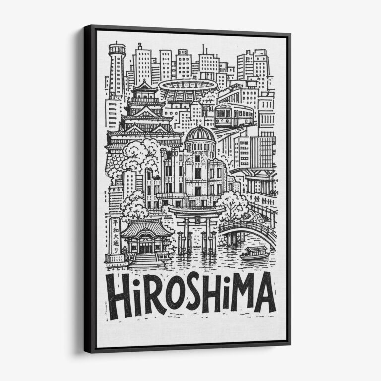 01 - Black Framed Hiroshima City Art - Pencil Style Canvas Print - Vertical - Main - Side view.jpg