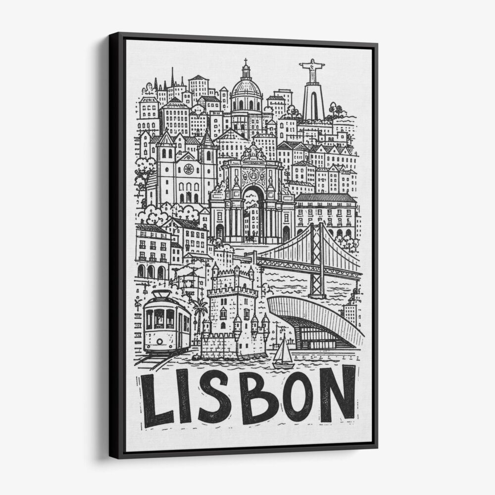 01 - Black Framed Lisbon City Art - Pencil Style Canvas Print - Vertical - Main - Side view.jpg