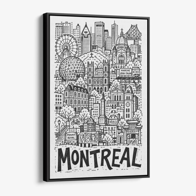 01 - Black Framed Montreal City Art - Pencil Style Canvas Print - Vertical - Main - Side view.jpg