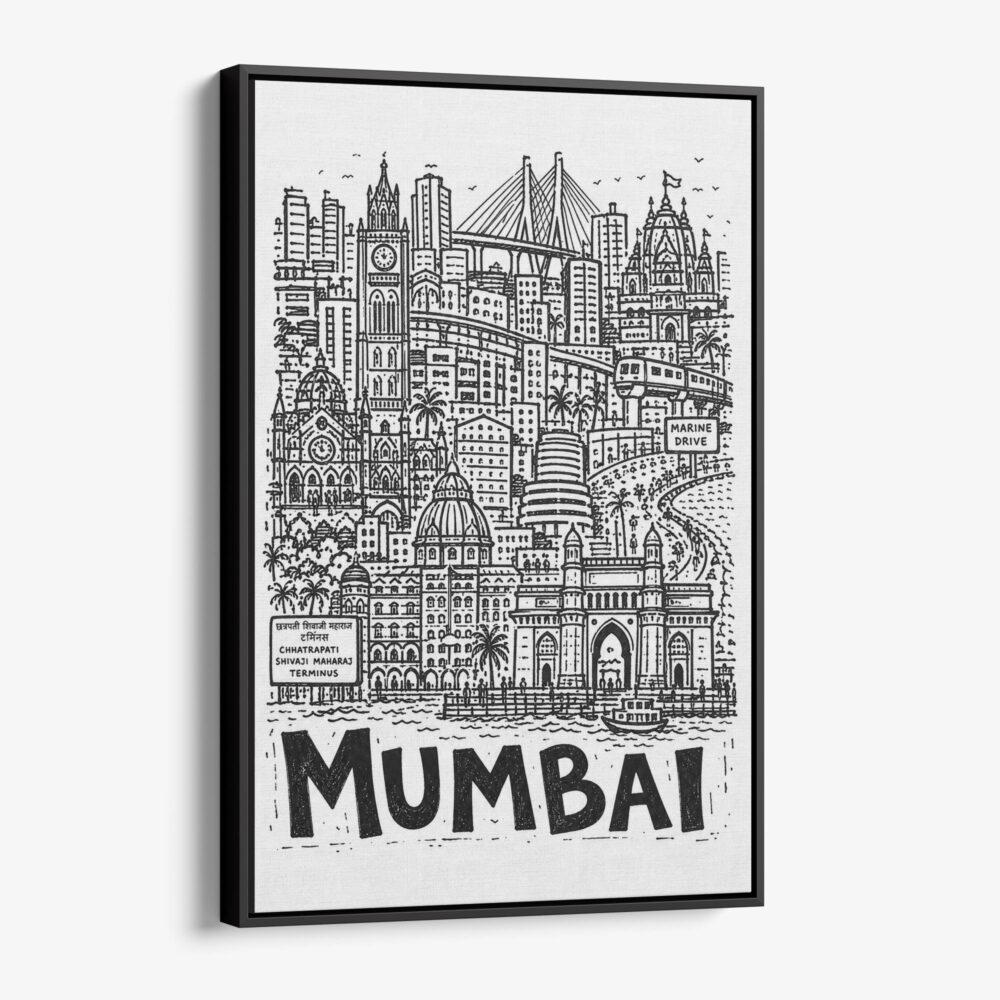 01 - Black Framed Mumbai City Art - Pencil Style Canvas Print - Vertical - Main - Side view.jpg 01 - Black Framed Mumbai City Art - Pencil Style Canvas Print - Vertical - Main - Side view.jpg