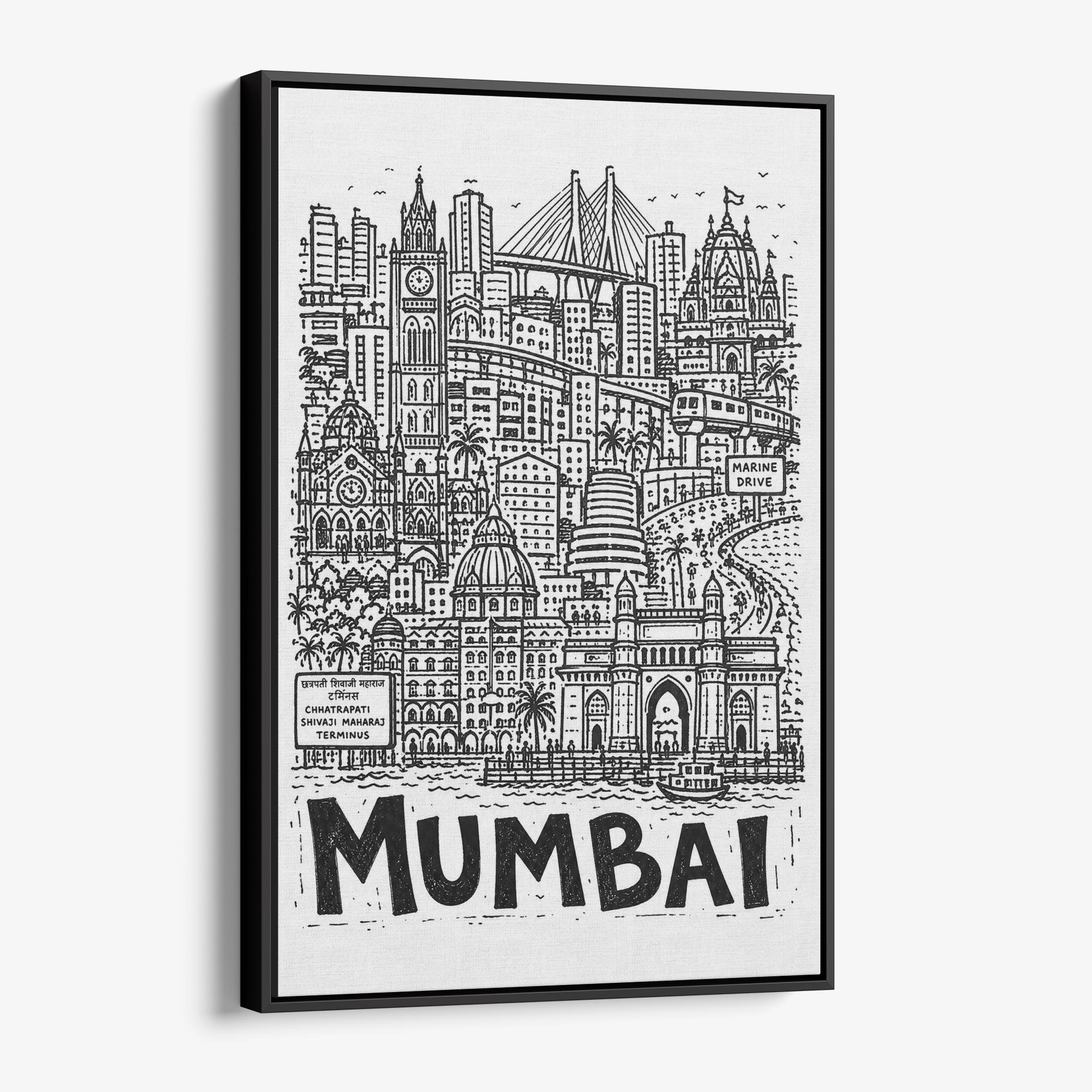 Mumbai Pencil-Style Canvas Print | Rajabai Clock Tower and Temple Spire | India Wall Art