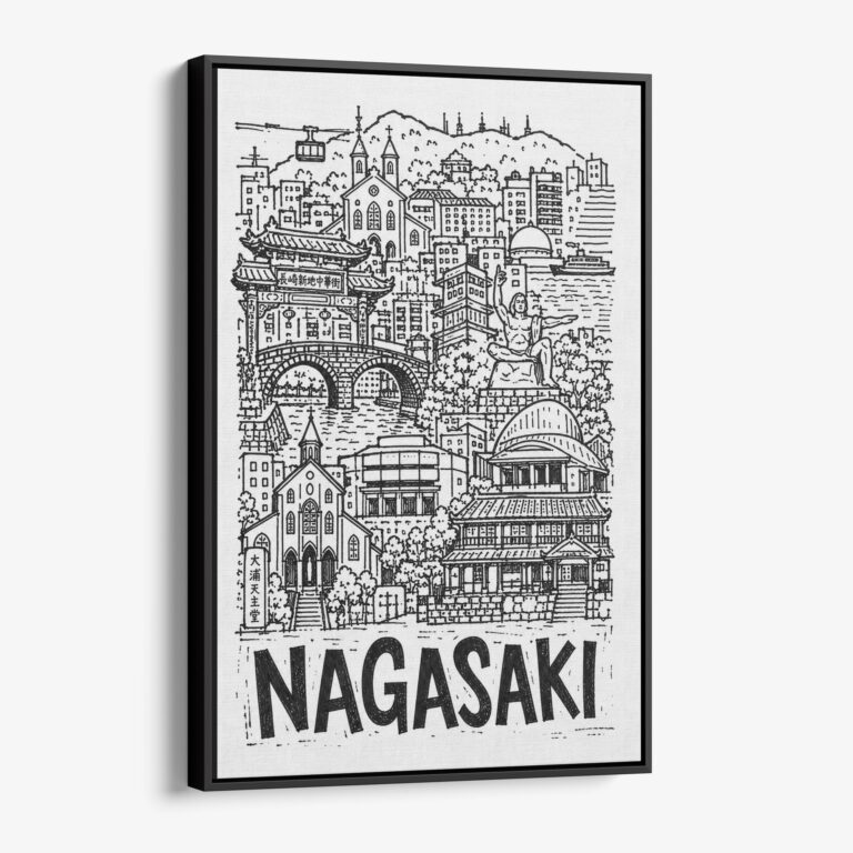 01 - Black Framed Nagasaki City Art - Pencil Style Canvas Print - Vertical - Main - Side view.jpg