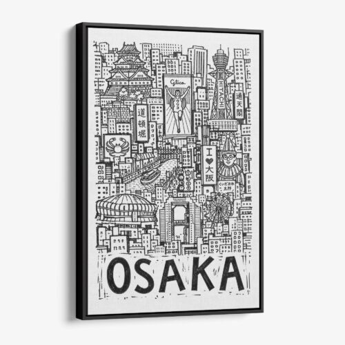 01 - Black Framed Osaka City Art - Pencil Style Canvas Print - Vertical - Main - Side view.jpg