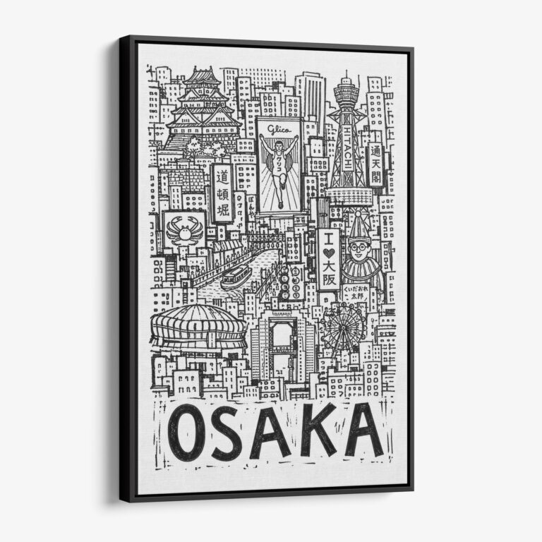 01 - Black Framed Osaka City Art - Pencil Style Canvas Print - Vertical - Main - Side view.jpg