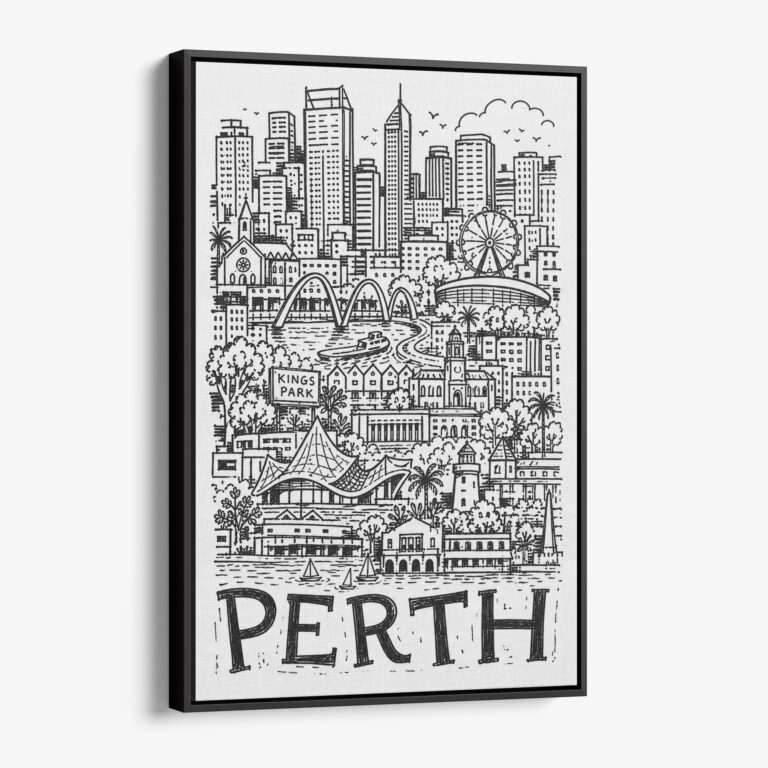 01 - Black Framed Perth City Art - Pencil Style Canvas Print - Vertical - Main - Side view.jpg