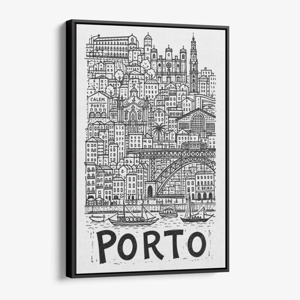 01 - Black Framed Porto City Art - Pencil Style Canvas Print - Vertical - Main - Side view.jpg 01 - Black Framed Porto City Art - Pencil Style Canvas Print - Vertical - Main - Side view.jpg