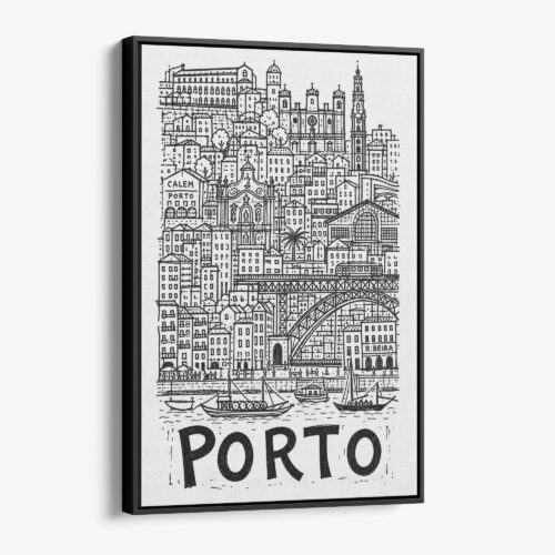 01 - Black Framed Porto City Art - Pencil Style Canvas Print - Vertical - Main - Side view.jpg
