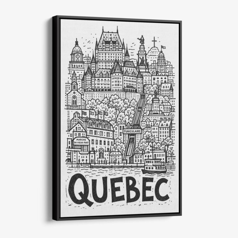 01 - Black Framed Quebec City Art - Pencil Style Canvas Print - Vertical - Main - Side view.jpg