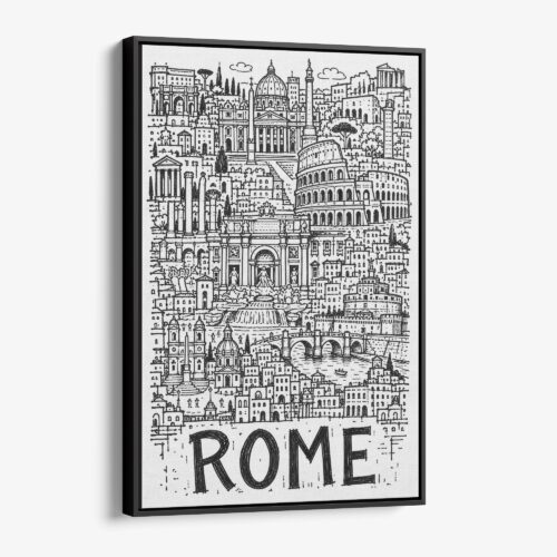 01 - Black Framed Rome City Art - Pencil Style Canvas Print - Vertical - Main - Side view.jpg