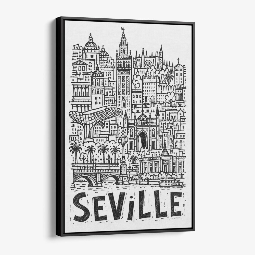 01 - Black Framed Seville City Art - Pencil Style Canvas Print - Vertical - Main - Side view.jpg