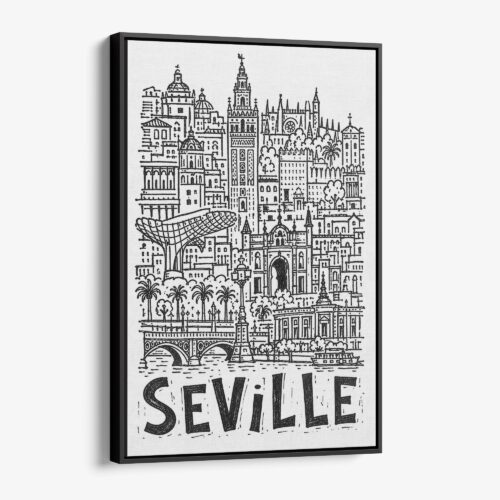 01 - Black Framed Seville City Art - Pencil Style Canvas Print - Vertical - Main - Side view.jpg