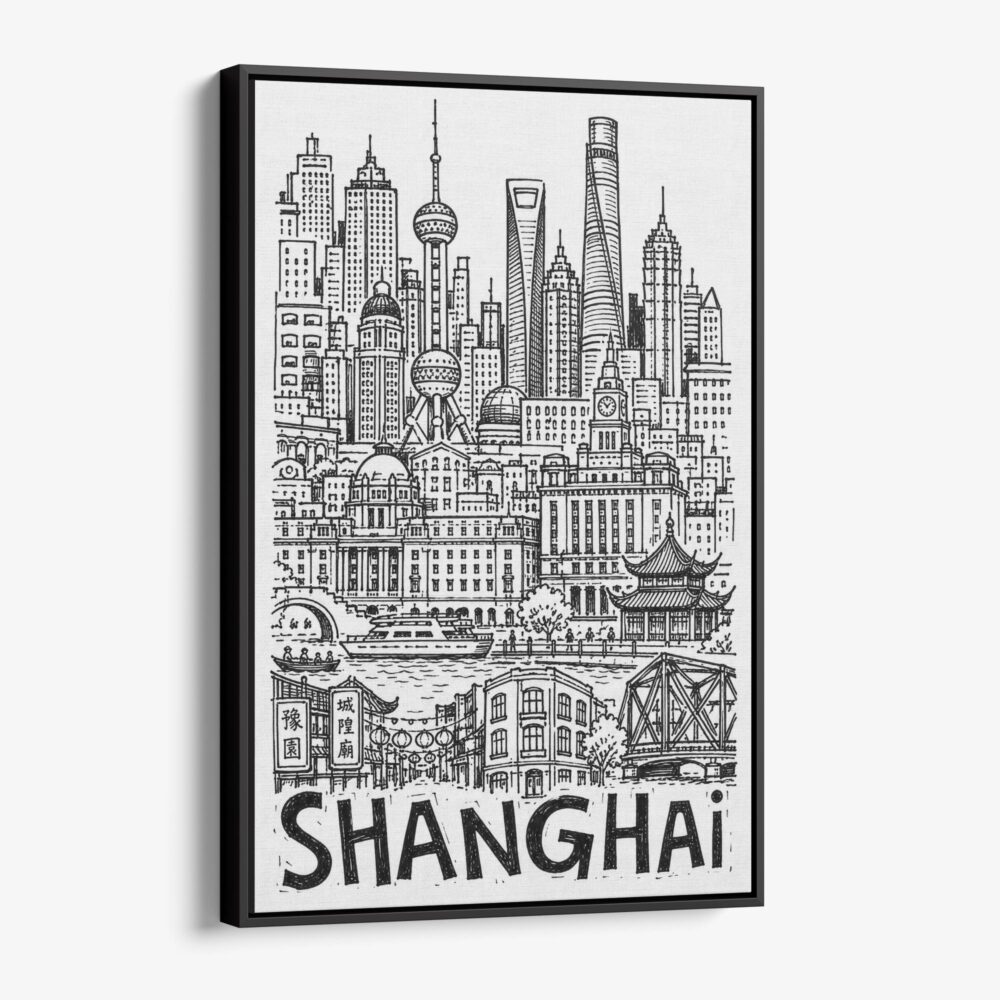 01 - Black Framed Shanghai City Art - Pencil Style Canvas Print - Vertical - Main - Side view.jpg 01 - Black Framed Shanghai City Art - Pencil Style Canvas Print - Vertical - Main - Side view.jpg