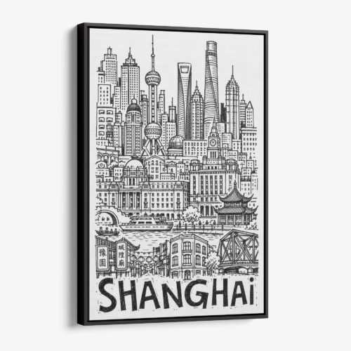 01 - Black Framed Shanghai City Art - Pencil Style Canvas Print - Vertical - Main - Side view.jpg