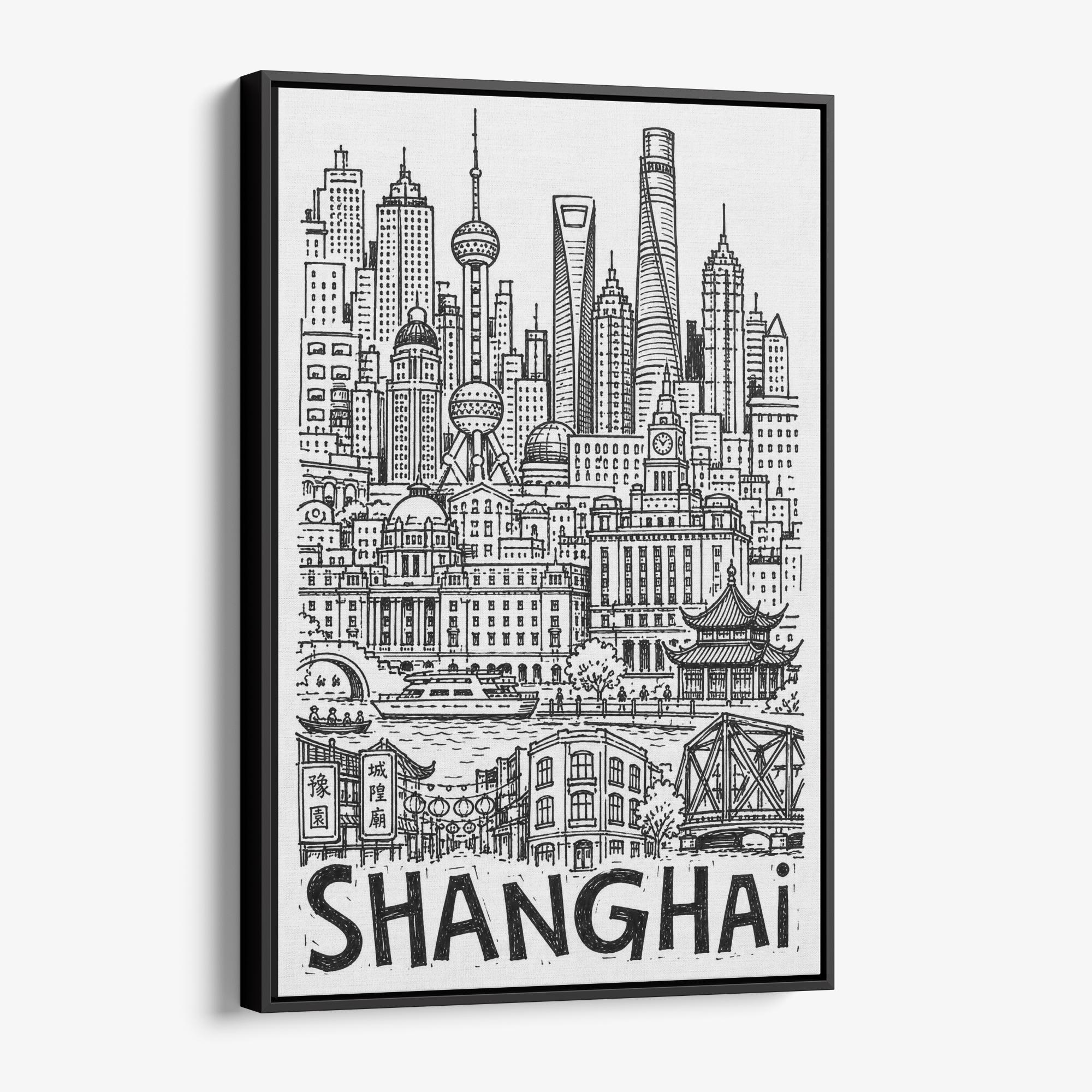 Shanghai Pencil-Style Canvas Print | Oriental Pearl Tower Over the Huangpu | China Wall Art