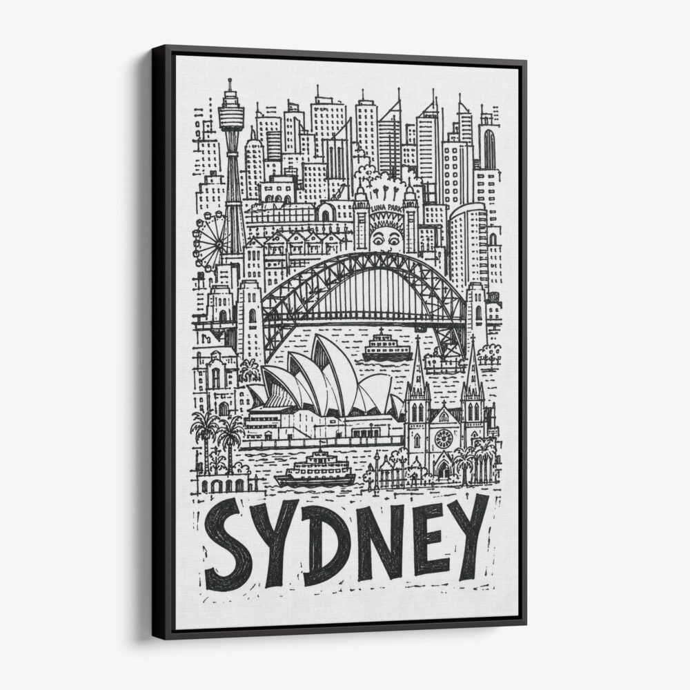 01 - Black Framed Sydney City Art - Pencil Style Canvas Print - Vertical - Main - Side view.jpg