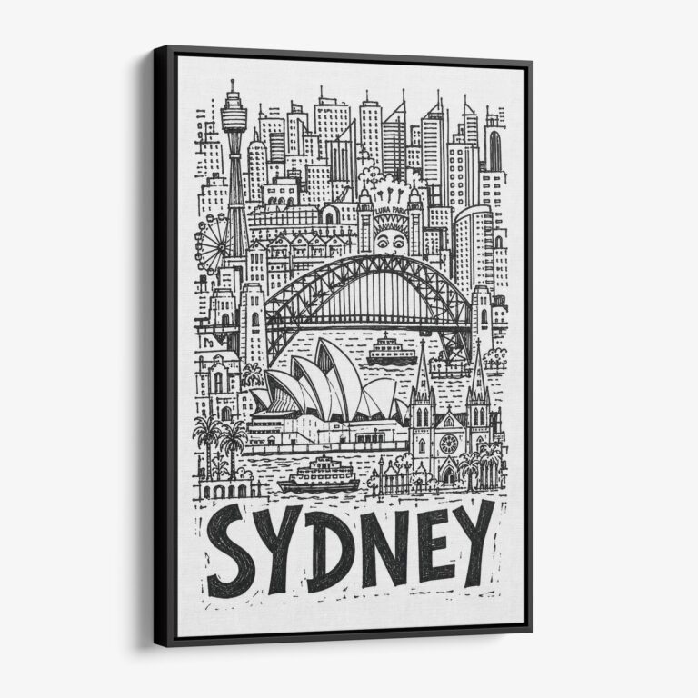 01 - Black Framed Sydney City Art - Pencil Style Canvas Print - Vertical - Main - Side view.jpg