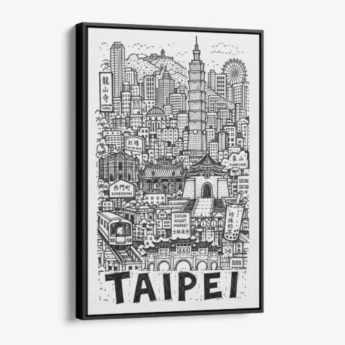 01 - Black Framed Taipei City Art - Pencil Style Canvas Print - Vertical - Main - Side view.jpg