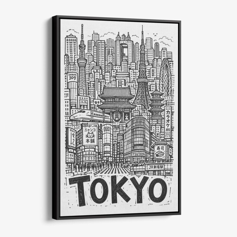 01 - Black Framed Tokyo City Art - Pencil Style Canvas Print - Vertical - Main - Side view.jpg 01 - Black Framed Tokyo City Art - Pencil Style Canvas Print - Vertical - Main - Side view.jpg