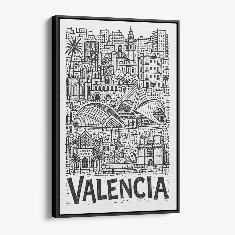 01 - Black Framed Valencia City Art - Pencil Style Canvas Print - Vertical - Main - Side view.jpg 01 - Black Framed Valencia City Art - Pencil Style Canvas Print - Vertical - Main - Side view.jpg