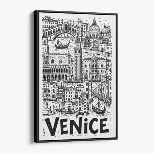 01 - Black Framed Venice City Art - Pencil Style Canvas Print - Vertical - Main - Side view.jpg