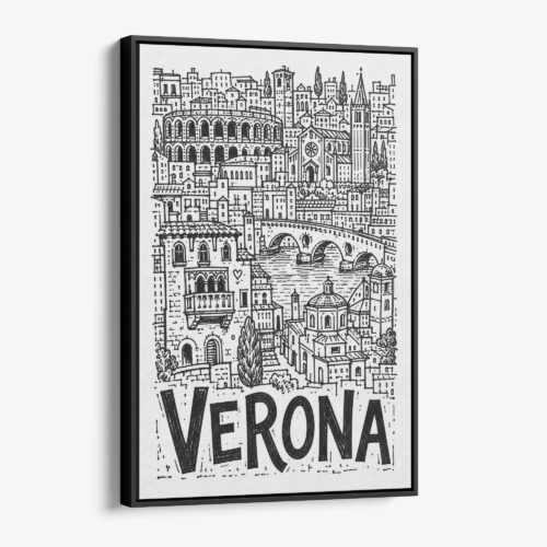 01 - Black Framed Verona City Art - Pencil Style Canvas Print - Vertical - Main - Side view.jpg