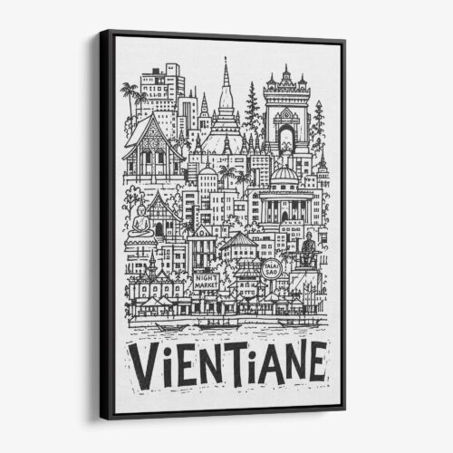 01 - Black Framed Vientiane City Art - Pencil Style Canvas Print - Vertical - Main - Side view.jpg