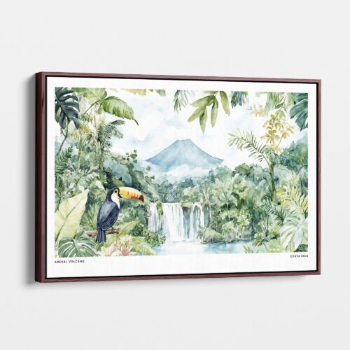 01 - Brown Framed Costa Rica Arenal Volcano Watercolor - Horizontal-36x24 Canvas Print - Main - Side view.jpg