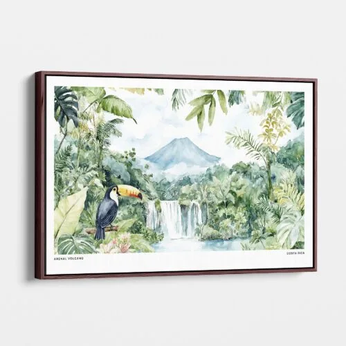 Home 5 01 - Brown Framed Costa Rica Arenal Volcano Watercolor - Horizontal-36x24 Canvas Print - Main - Side view.jpg
