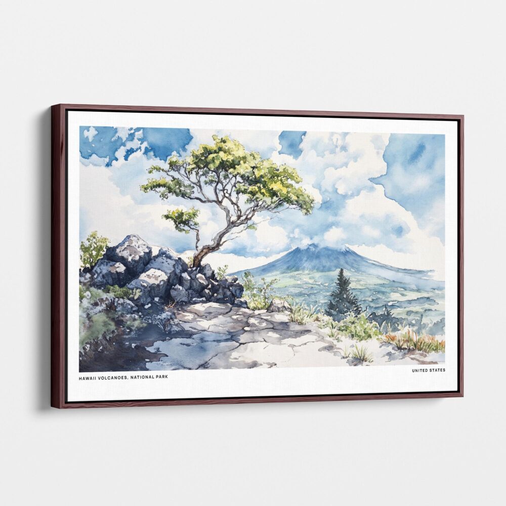 01 - Brown Framed Hawaii Volcanoes National Park Watercolor - Horizontal-36x24 Canvas Print - Main - Side view.jpg 01 - Brown Framed Hawaii Volcanoes National Park Watercolor - Horizontal-36x24 Canvas Print - Main - Side view.jpg