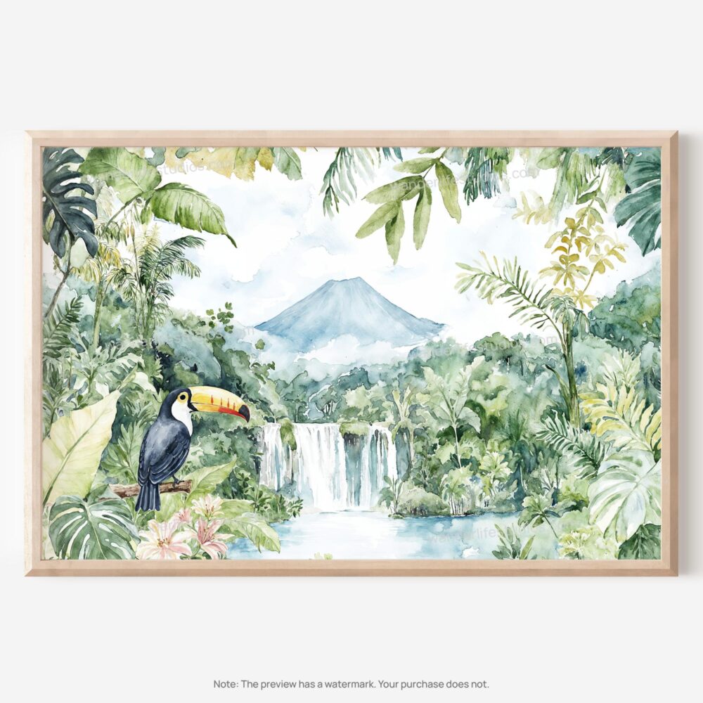01 - Costa Rica Arenal Volcano Watercolor - Horizontal Art - Digital Download - Main.jpg