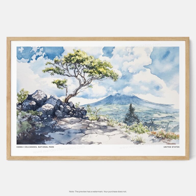 01 - Framed Hawaii Volcanoes National Park Watercolor - Horizontal-36x24 Art Print - Main.jpg