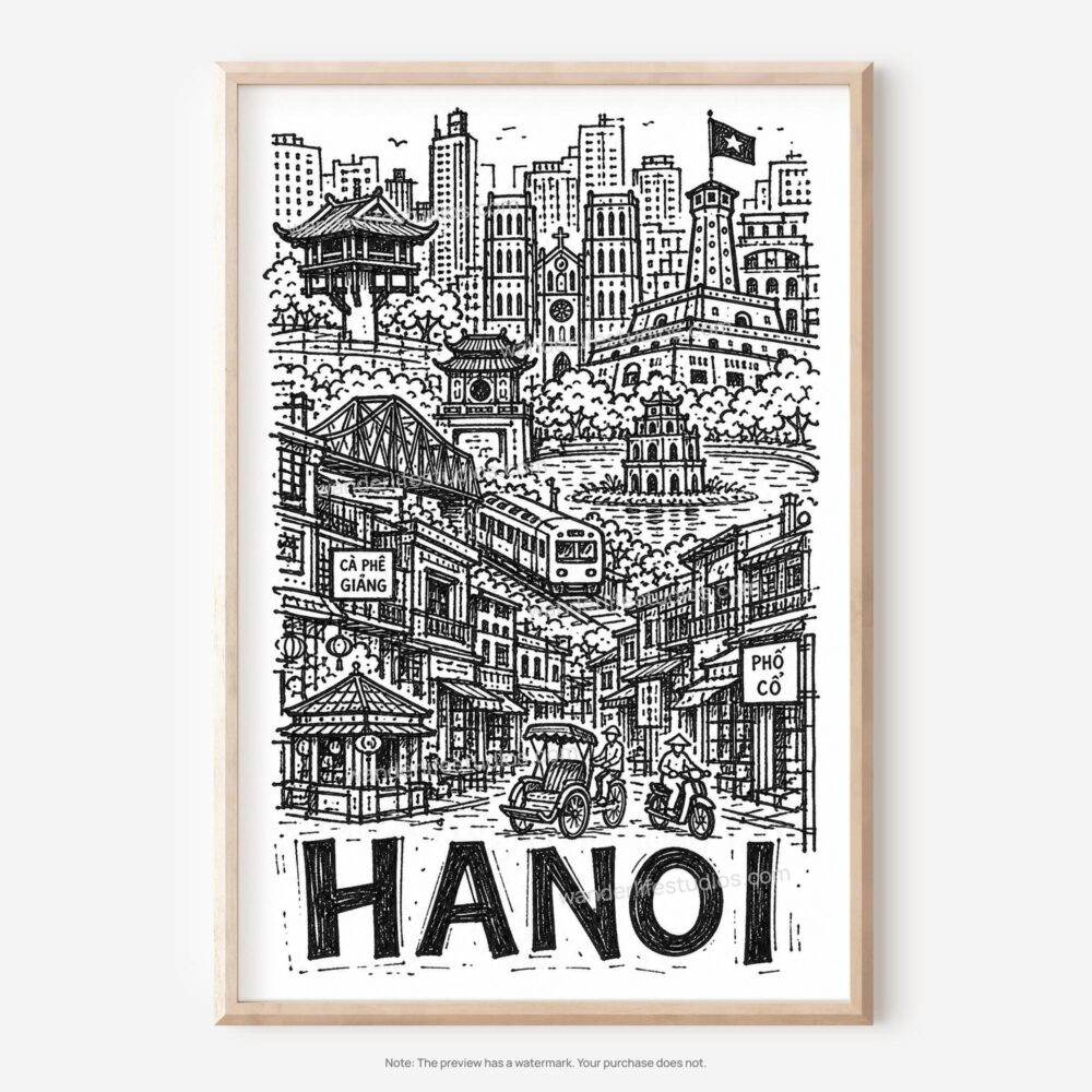 01 - Hanoi City Art - Pencil Style Art - Digital Download - Main.jpg