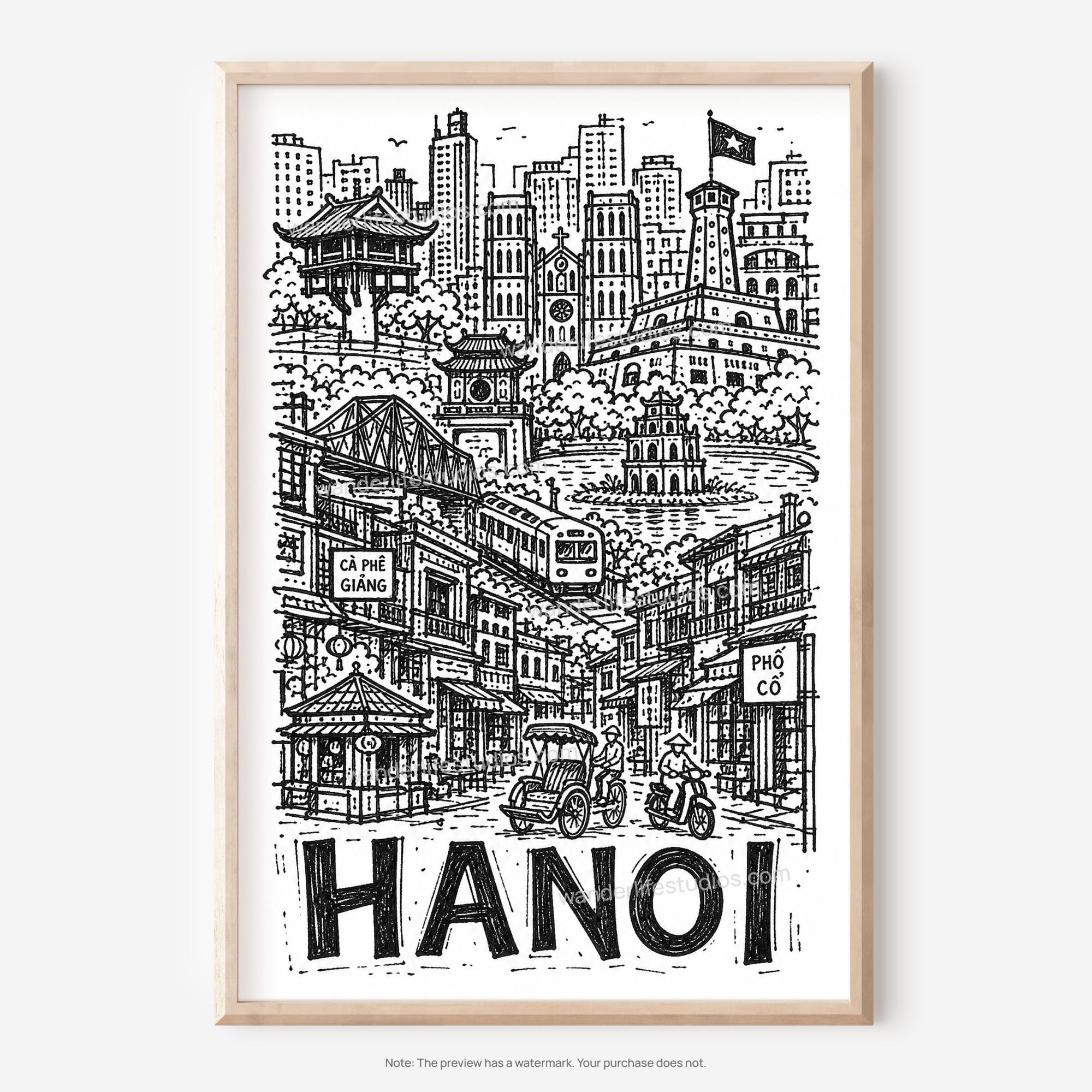 Hanoi Pencil-Style Printable Wall Art | Flag Tower and Long Bien Bridge Digital Download 5 Hanoi Pencil-Style Printable Wall Art | Flag Tower and Long Bien Bridge Digital Download