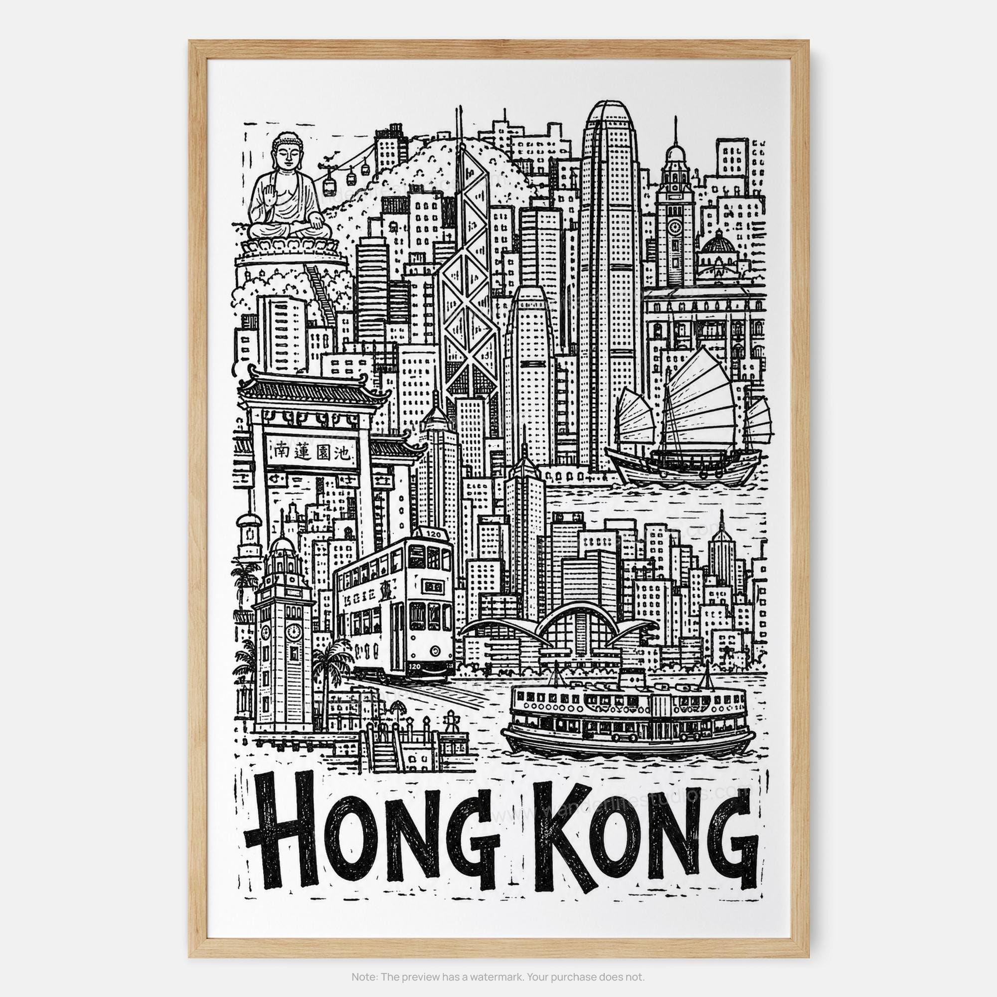 Hong Kong Pencil-Style Art Print | Tian Tan Buddha and Victoria Harbour | Skyline Wall Decor 3 Hong Kong Pencil-Style Art Print | Tian Tan Buddha and Victoria Harbour | Skyline Wall Decor