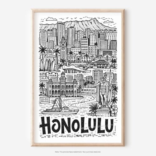 01 - Honolulu City Art - Pencil Style Art - Digital Download - Main.jpg
