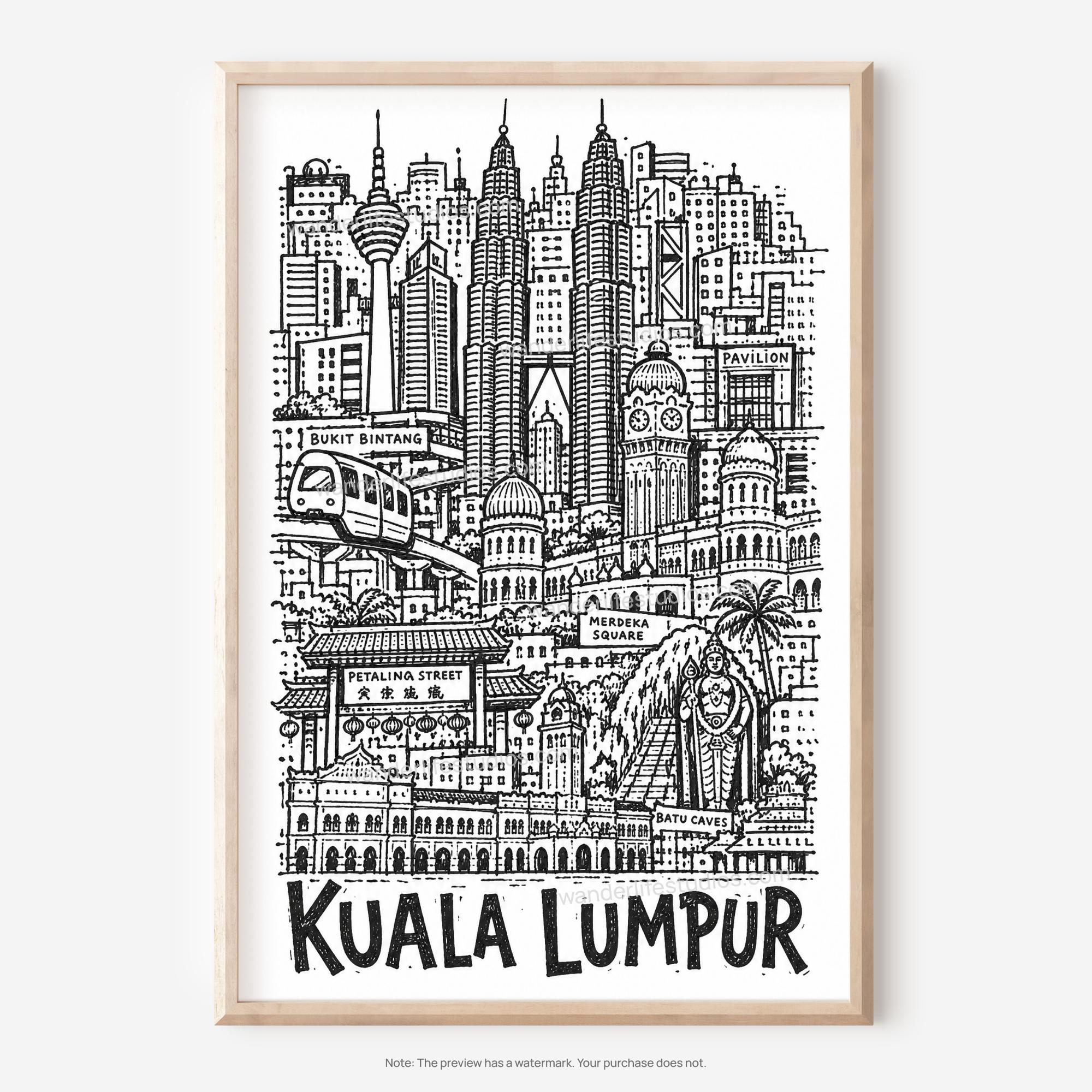 Kuala Lumpur Pencil-Style Printable Wall Art | Merdeka Square and Petaling Street Digital Download 2 Kuala Lumpur Pencil-Style Printable Wall Art | Merdeka Square and Petaling Street Digital Download