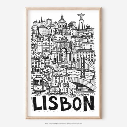 01 - Lisbon City Art - Pencil Style Art - Digital Download - Main.jpg