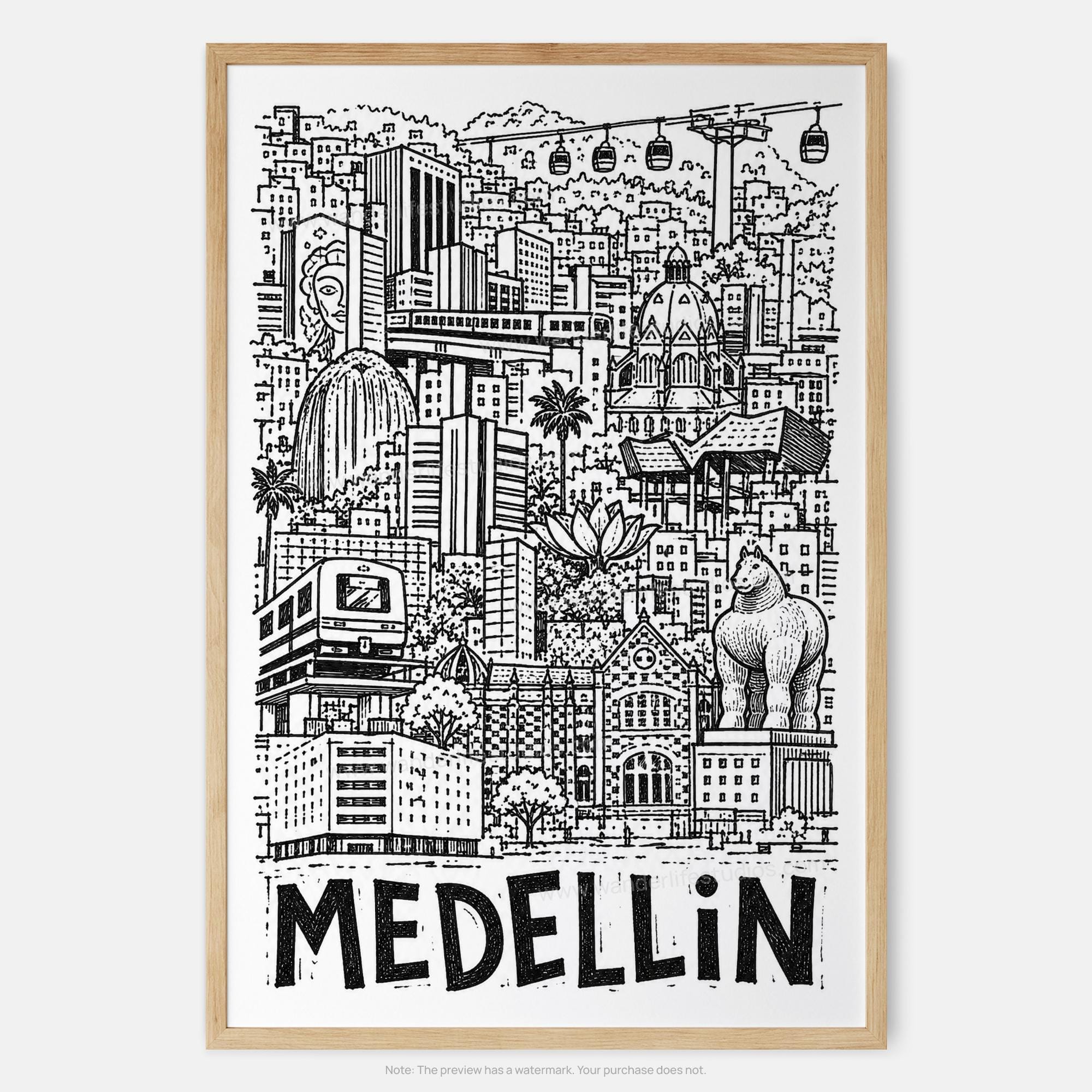 Medellin Pencil-Style Art Print | Cable Cars and Botero Sculpture | Colombia Wall Decor 3 Medellin Pencil-Style Art Print | Cable Cars and Botero Sculpture | Colombia Wall Decor